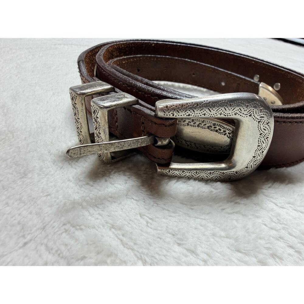 Vintage Brown Latigo Leather Concho Belt Silver Engraved Hardware Western Sz 42